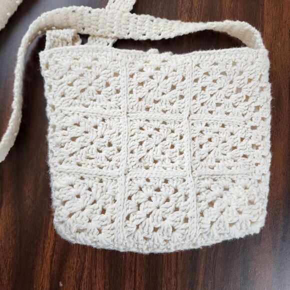 New Handmade Crochet Cotton Granny Square Crossbody Mini Bag Lined Purse Cream - Picture 3 of 11